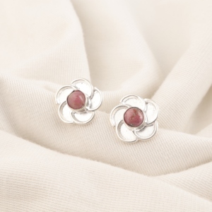 Classic 925 Sterling Silver Coated Luxury <b>Stud</b> <b>Earrings</b> with <b>Black</b> Rhodonite Stone Work Round Shape for Unisex Party & Gift Wear - Product Image 1