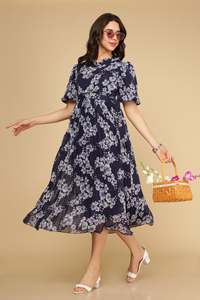 Floral Print Midi <b>Dress</b> Jewel Neck 3/4 Sleeve A-Line Woven Casual Summer Women's <b>Dress</b> Breathable Loose Fit <b>With</b> <b>Pockets</b> - Product Image 2
