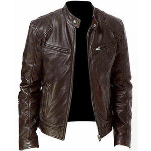 Black Leather Biker Jacket Slim Fit <b>Long</b> Sleeve Zipper Closure Notch Collar Flap Pocket <b>Men's</b> Motorcycle <b>Coat</b> - Product Image 4