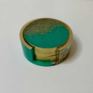 Sous-verres ronds en résine avec accents de feuille d'or et support, faits à la main, écologiques, ensemble de décoration de table pour la maison - Product Image 4