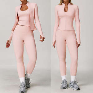 Ensemble de sport cinq pièces pour homme rose clair, avec soutien-gorge de sport extensible, veste, leggings à taille élastique, tenue décontractée de fitness coupe ajustée - Product Image 4