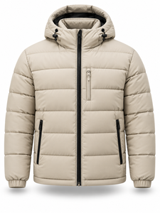 Men's Hooded Puffer <b>Jacket</b> Solid Color Waterproof Quick Dry Polyester Wadding Windproof Zipper Closure <b>Casual</b> Winter Wear Custom - Product Image 1
