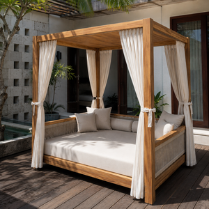 Lit de repos de luxe en teck massif pour l'extérieur avec coussins résistants aux intempéries, lit à baldaquin moderne pour piscine, idéal pour les villas, les hôtels et les complexes hôteliers - Product Image 1