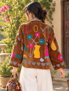 <b>Women's</b> <b>Brown</b> Knitted Embroidered Floral Mandarin Collar Thick Quilted Eco-Friendly Quick Dry Autumn <b>Jacket</b> - Product Image 6