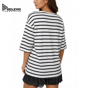 T-shirt rayé à col rond et manches courtes pour femme, style oversize, vente en gros, haut décontracté de haute qualité, coupe classique, motif noir et blanc - Product Image 2