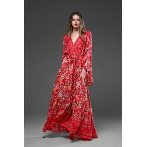 Vestido Maxi Bohemio Rojo con Estampado Floral para Mujer, Cuello en V, Manga Larga, Estilo Envolvente, Verano, Playa, Boho Chic, Elegante y Fluido - Product Image 1