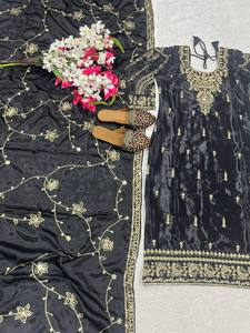 Women's <b>Black</b> Rayon Embroidered Floor-Length Traditional Indian <b>Pakistani</b> Wedding <b>Dress</b> With Gold Trim Regular Fit - Product Image 4