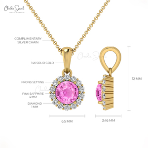 Verified Supplier 14k <b>Solid</b> <b>Gold</b> Genuine 4mm Round Cut Pink Sapphire & Diamond Halo <b>Pendant</b> Wholesale Customized <b>Pendant</b> For Mom - Product Image 4