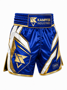 กางเกงมวยไทย MMA สีน้ำเงิน ขาว ทอง พิมพ์ลายแบบ Sublimation สำหรับผู้ใหญ่ 男女 แห้งเร็ว ระบายอากาศได้ดี ผลิตจากโพลีเอสเตอร์ 100% เหมาะสำหรับใส่ในยิม - Product Image 5