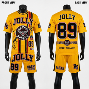 Ensemble maillot et short de football en polyester premium 180 GSM, jaune et noir à rayures, sublimation, logo personnalisé pour homme - Product Image 1
