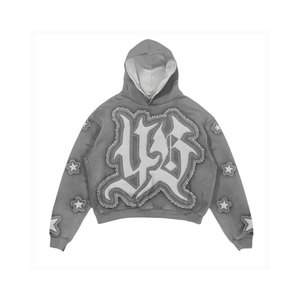 Pantalones Deportivos Unisex Grises de Algodón con Bordado a Mano de Letras y Apliques de Estrellas, Corte Holgado, Largos, con Cierre de Cordón - Product Image 3