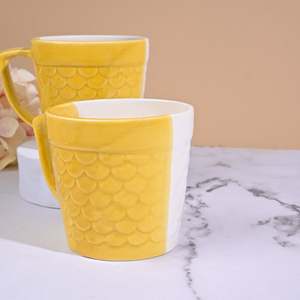 Sunlit Yellow Artistic Scale 400ml Glazed Ceramic Mug <b>Set</b> of 2 <b>Microwave</b> Safe with Creative Tray Design for Camping - Product Image 4