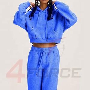 Pantalones de chándal de lana de algodón recortados personalizados para mujer, conjunto de jersey liso bordado de 2 piezas con Sudadera con capucha, talla 6XL para invierno - Product Image 6