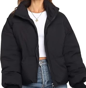 Women's Black Quilted Jacket Full Sleeve Stand Collar Zipper Closure Winter Short Thick Polyester Wadding Solid Color - Product Image 1