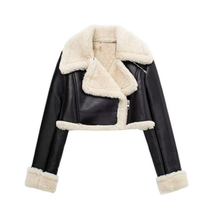 Women's Faux <b>Leather</b> Shearling Moto <b>Jacket</b> With Fur Trim Zipper Closure Short Winter Coat Full Sleeve Windproof Style - Product Image 1