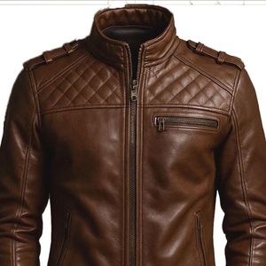 แจ็คเก็ตหนังแท้สไตล์คาเฟ่เรเซอร์สำหรับผู้ชาย แบรนด์มหาวิทยาลัย  สีน้ำตาล  แบบเย็บลายตาราง  คอตั้ง  เสื้อคลุมมอเตอร์ไซค์  OEM  ซิปปิด - Product Image 2