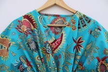 Cotton Kaftan <b>Women</b> Full Length V-neck Short-Sleeved Hand Print Paisley Night <b>Robe</b> Lace Closure Soft Woven Polyester Casual - Product Image 2
