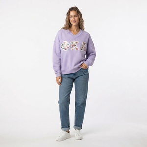 Sudadera Oka con Cuello en V Bordado para Mujer, Talla Grande, Color Morado, Tejido de Algodón, para Otoño - Product Image 1