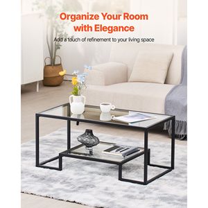 Tavolino da Caffè Moderno a 2 Ripiani in Vetro Temperato con Vano Portaoggetti Aperto, Scrivania Centrale Rettangolare in Metallo Robusto e Minimalista per Casa o Ufficio - Product Image 2