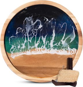 Tabla de cortar y servir de madera de mango con asa de fácil agarre – Tabla de cortar redonda de madera esmaltada con estampado de limón de 13x16 pulgadas. - Product Image 1