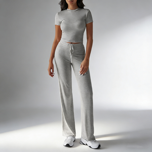 ชุดเซ็ต 2 ชิ้นสำหรับผู้หญิง ฤดูใบไม้ผลิ/ฤดูร้อน แบบลำลอง คอทรงโอ แขนสั้น กางเกงขายาว ผ้าถัก โพลีเอสเตอร์/คอตตอน ระบายอากาศได้ดี แห้งเร็ว - Product Image 2