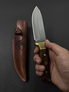 Couteau de camping Jexa en acier inoxydable à lame fixe, couteau de chasse à lame partiellement dentelée avec manche en bois, étui en cuir, multifonction - Product Image 6