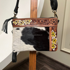 Hand Tooled Leather Cowhide Mini Crossbody Bag for <b>Women's</b> Wristlet Mobile Purse Custom Branded Western Cowhide Leather Handbag - Product Image 3