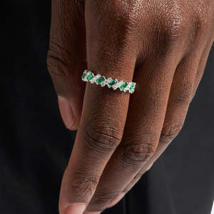925 Sterling <b>Silver</b> <b>Emerald</b> & Round Cut Eternity <b>Ring</b> | Green Full Band | Luxury Stackable Wedding <b>Ring</b> - Product Image 2
