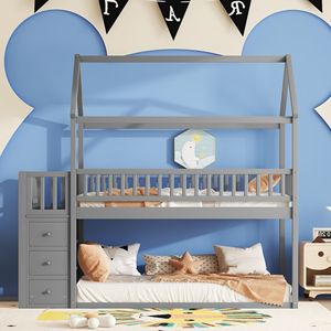 Letto a Castello Grigio TWIN/TWIN con Mensole e Cassetti per Bambini - Product Image 4
