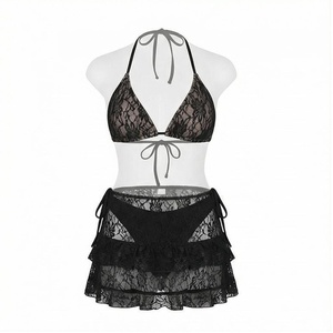 Women Black Lace Halter <b>Bikini</b> <b>Set</b> With Floral Pattern Skirt Bottom 2 Piece Swimwear - Product Image 1
