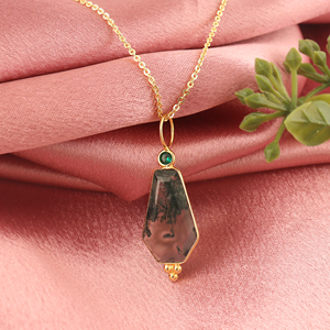 Collar de ágata musgosa con detalles de esmeralda y circonita cúbica, chapado en oro de 18k, joyería moderna y única con forma de ataúd, joyería de moda para mujer. - Product Image 2