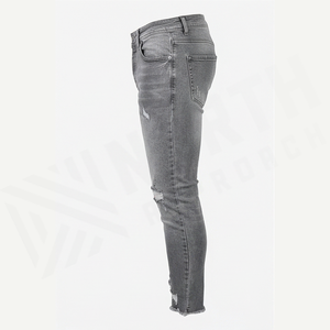 Jean en denim gris déchiré et délavé pour homme, coupe slim taille haute, style décontracté automne, pantalon droit en coton - Product Image 3