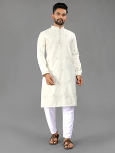 Kurta Blanca de Algodón para Hombre con Bordado, Corte Regular, Largo hasta la Rodilla, Estilo Tradicional Indio-Pakistaní para Bodas, Fiestas y Diwali - Product Image 2