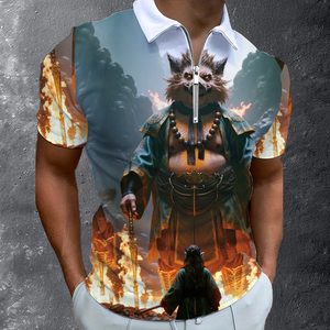 Polo pour homme avec motif de guerrier mythique en 3D |   T-shirt à col zippé fantaisie avec sublimation de personnage |   Haut streetwear Flaming Armor - Product Image 6