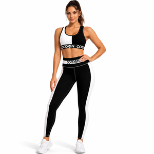 Women's Black <b>White</b> Yoga <b>Set</b> <b>2</b>-<b>Piece</b> Sports Bra High Waist Leggings Spandex/Polyester Workout Gym Fitness Activewear Scoop Neck - Product Image 1