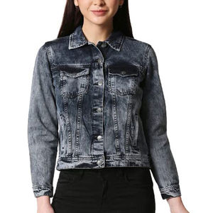 Chaqueta vaquera gris con lavado ácido personalizada para mujer, de manga larga, con botones, estilo vintage, informal, de corte ajustado, para mujer - Product Image 6