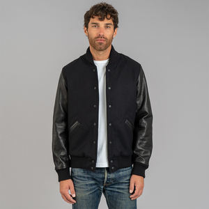 Chaqueta Varsity Negra de Poliéster y Algodón con Bordado para Hombre, Forro Acolchado Clásico, Estilo Bomber, Ropa de Abrigo Casual para Otoño - Product Image 1