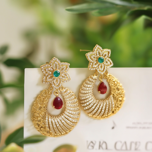 Bohemian Gold Plated Drop Charm Earrings with Pearl and Zircon - Product Image 3