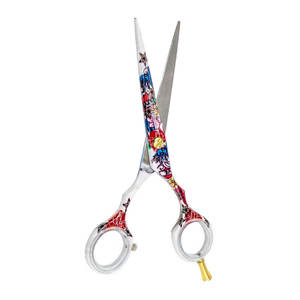 Flor papel recubierto 5,5 "corte de pelo tijeras de peluquero tijeras de salón de acero inoxidable con reposapiés ajustable elegante - Product Image 1