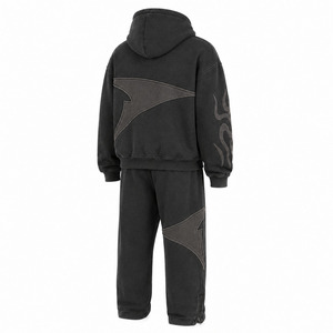 <b>Boys</b> Black Hooded Tracksuit Set Geometric Applique Design Full Length Sweatshirt And Pants Streetwear Style - Product Image 3