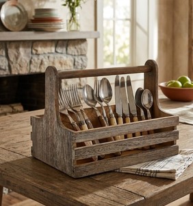Rustic Wooden Countertop Cutlery Organizer <b>Caddy</b> with Handle Farmhouse Flatware Storage Basket for <b>Kitchen</b> Dining Restaurant Use - Product Image 5