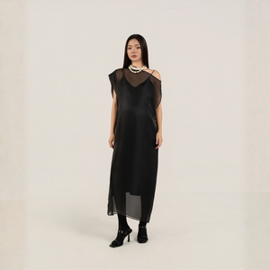 Robe décontractée d'été de luxe en organza de soie transparente, asymétrique à bouton sur l'épaule, coupe droite ample, élégante et minimaliste, Vietnam, ODM OEM - Product Image 1