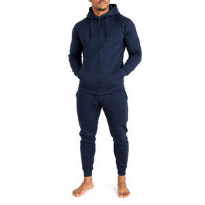 Men's Navy Full <b>Zip</b> <b>Hooded</b> Tracksuit 100% Cotton Regular Fit With Side Pockets Casual Wear Autumn Season - Product Image 1