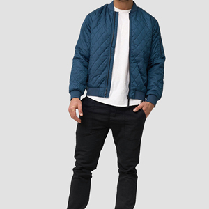 Chaqueta Bomber Acolchada Azul para Hombre, Cierre de Cremallera, Casual, Resistente al Viento, de Poliéster, para Otoño, Corte Regular, Cuello Camisero - Product Image 3