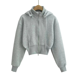Sudadera corta de invierno para mujer con capucha extraíble, doble cremallera, dobladillo de 8 cm, cuello alto acanalado, corte reloj de arena, de lona de secado rápido. - Product Image 5