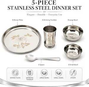 Ensemble de thali en acier inoxydable de qualité supérieure avec design floral gravé, assiette à dîner, bols, verre et cuillère pour usage domestique - Product Image 3