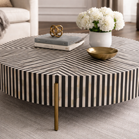 Table basse ronde moderne avec pieds en métal rayés noir et blanc, plateau en bois fait main, meubles de salon