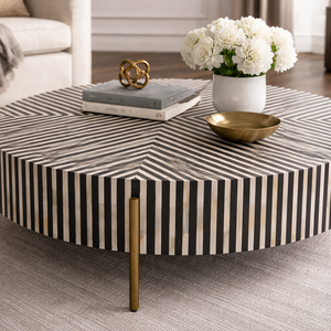 Modern <b>Round</b> Coffee <b>Table</b> Black and <b>White</b> Striped Metal Legs Handmade Wood Top Living Room Furniture - Product Image 4
