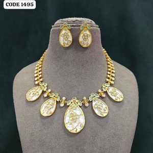Luxury Gold Finish Mother of Pearl <b>Statement</b> <b>Necklace</b> Set with Multicolor Gemstone Accents Designer Wedding Party Bridal Fashion - Product Image 5