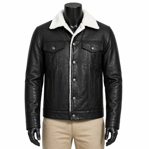 Veste de moto pour homme en cuir véritable imperméable, respirante, coupe-vent, col rabattable, doublure en sherpa, fermeture à boutons, épaisse pour l'hiver - Product Image 1